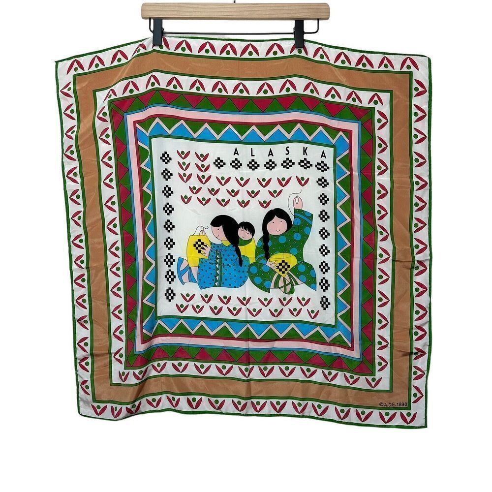 Vintage 1990s ACE ALASKA Souvenir Scarf Colorful Whimsical Sewing Ladies 28”x28”